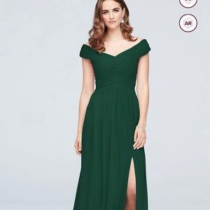 Crisscross off the shoulder mesh bridesmaids dress in juniper
